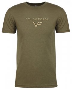 Men's classic, crew neck fitted short sleeve T-shirt with custom graphic Valor Forge Insignia logo on the front and Three Percent graphic on the back