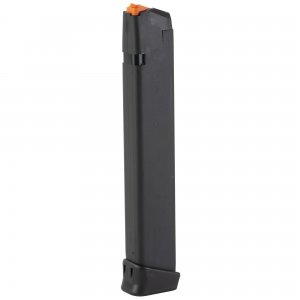 A 33-round magazine designed for Glock 17/34 9mm pistols featuring hardened steel insert encased in high tech polymer, and a high quality spring and follower to ensure reliable feeding from first to last shot.