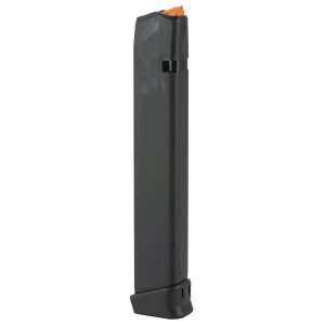 A 33-round magazine designed for Glock 17/34 9mm pistols featuring hardened steel insert encased in high tech polymer, and a high quality spring and follower to ensure reliable feeding from first to last shot.