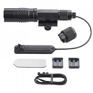 Ultra bright 1000 lumen white LED light with integrated red aiming laser, features three user selectable light modes.