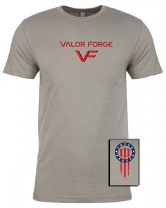 Men's classic, crew neck fitted short sleeve T-shirt with custom graphic Valor Forge Insignia logo on the front and Three Percent graphic on the back